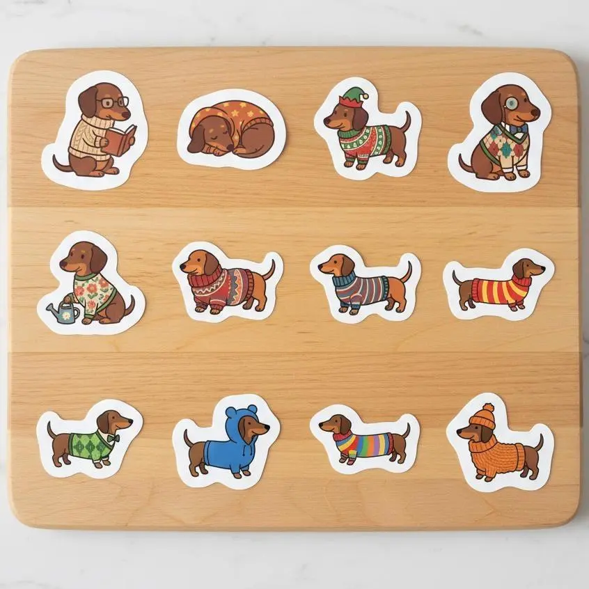 12 Pack Vinyl Sticker Set, Dachshund in Sweaters Dog Decals, Weiner Dog Art, Cute Doxie Puppy, Laptop Scrapbook Decor, Gift for Dog Lovers