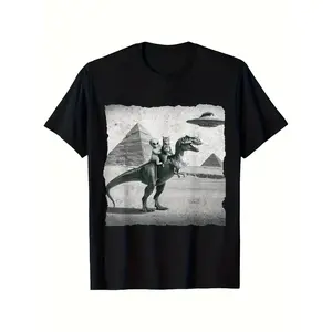 Men's Funny UFO Alien Riding T-Rex Dinosaur & Egyptian Pyramid Short Sleeve T-Shirt - Casual Round Neck Tee Suitable for Spring Summer Fall, Themed Wear or Everyday Outfits - Machine Washable Egyptian-Themed Shirt