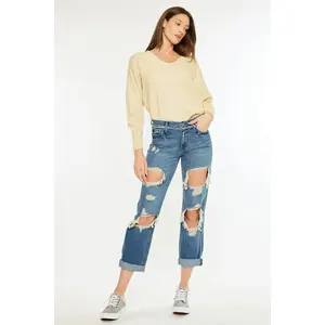 Kancan Distressed Mid Rise True Boyfriend Jeans
