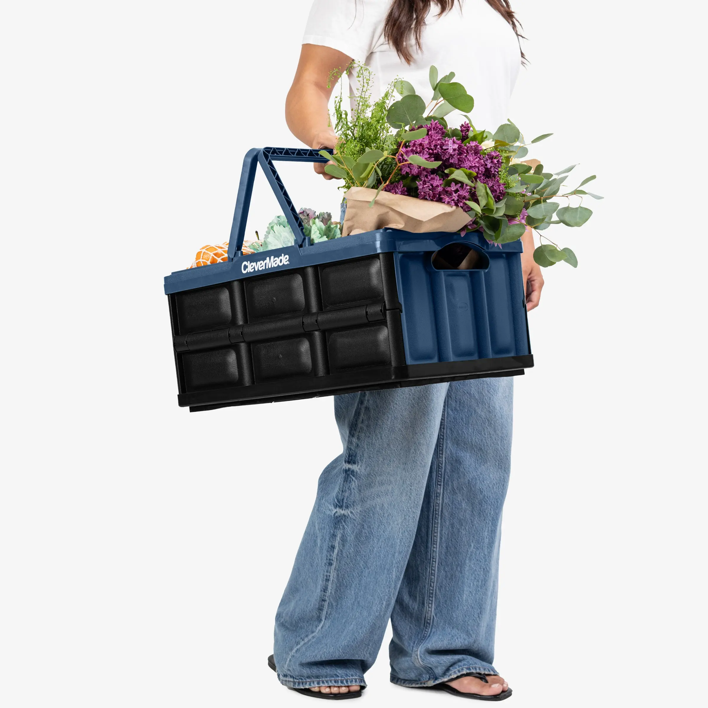 CleverMade 32L Lightweight Collapsible Shopping Basket - Stackable Fold-Flat Crate, Household Organiser, Laundry Bin with Locking Feature for Car Owners, Easy Toting, On-the-Go Transport (Ocean-Obsidian)