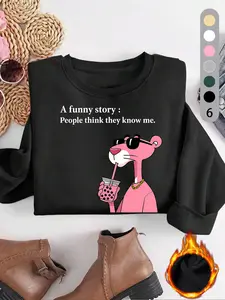 Women's Panther Print Sweatshirt, Casual Vintage Washed Cotton Long Sleeve Pullover, Fitted Round Neck Sporty Style, Fall Winter Fashion, Womenswear