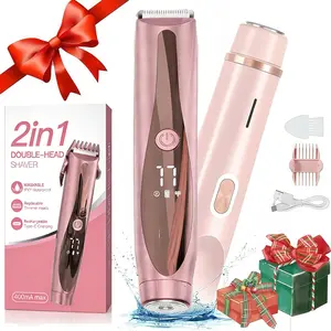 Bikini Trimmer for Women, Razor Rechargeable 2-in-1 Body and Electric Shaver and Facial Epilator, Dual Heads for Painless Trimming of Pubic Hair, Face, Underarms and Legs, IPX7 Waterproof. Christmas Gift New Year Gift Shaving Grooming Automatic
