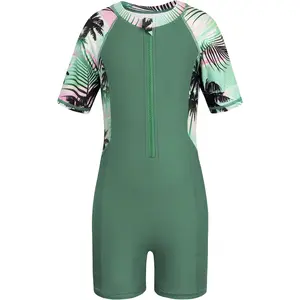 Girls Rash Guard Swimsuit One Piece Short Sleeve Front Zipper Swimwear UPF 50+ Bathing Suits 4-16Y