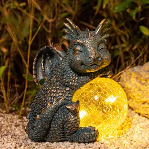 Dragon Statue - Sleeping Dragon Figurines Solar Light   Statues with Crackled Glass Globe Outdoor  Lawn Ornament Decor