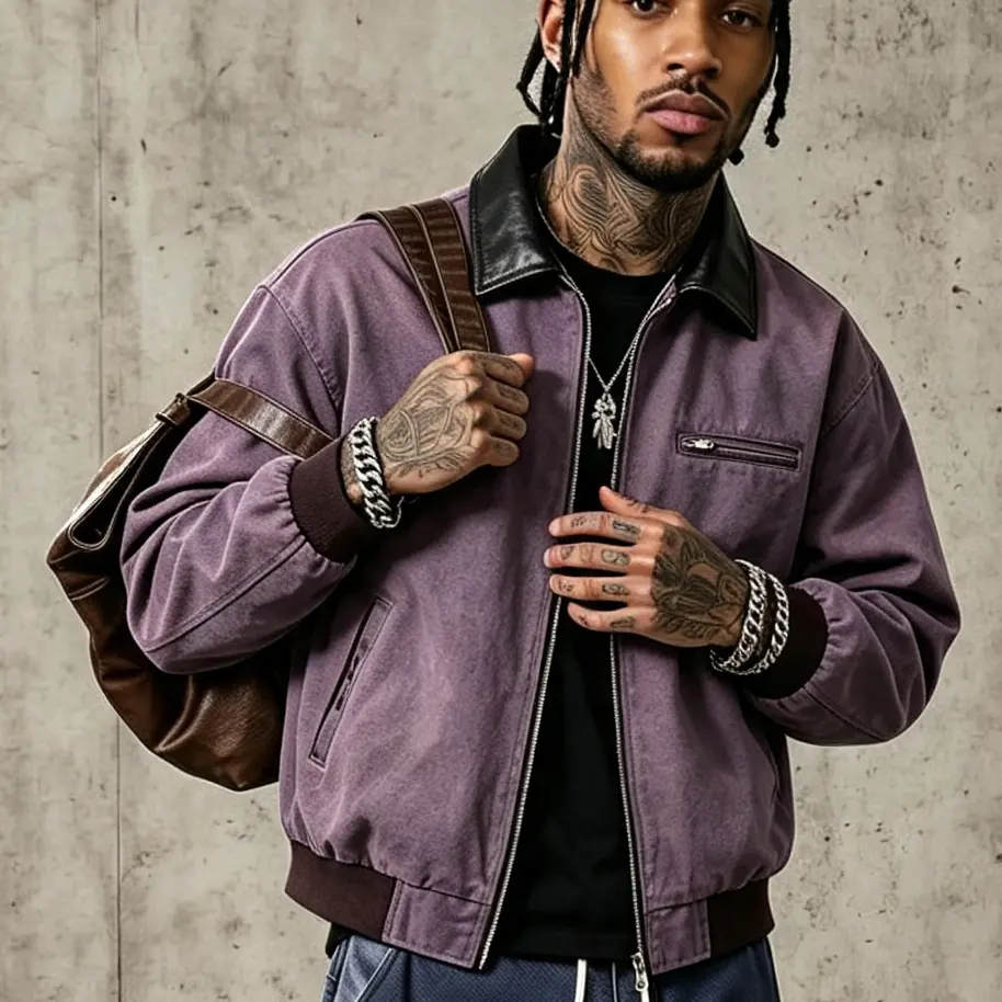 Men’s retro washed purple leather bomber jacket with leather lapels and ribbed cuffs, casual hip-hop streetwear oversized design with multiple pockets