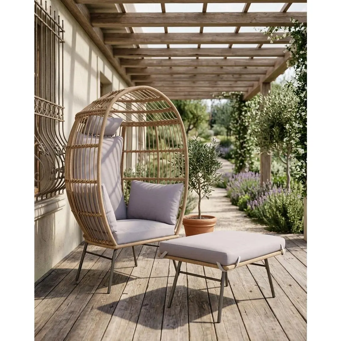 Waterproof UV Resistant Wicker Egg Chair Set, Oversized Design with Ottoman and Thick Beige Cushion for Home and Outdoor Spaces
