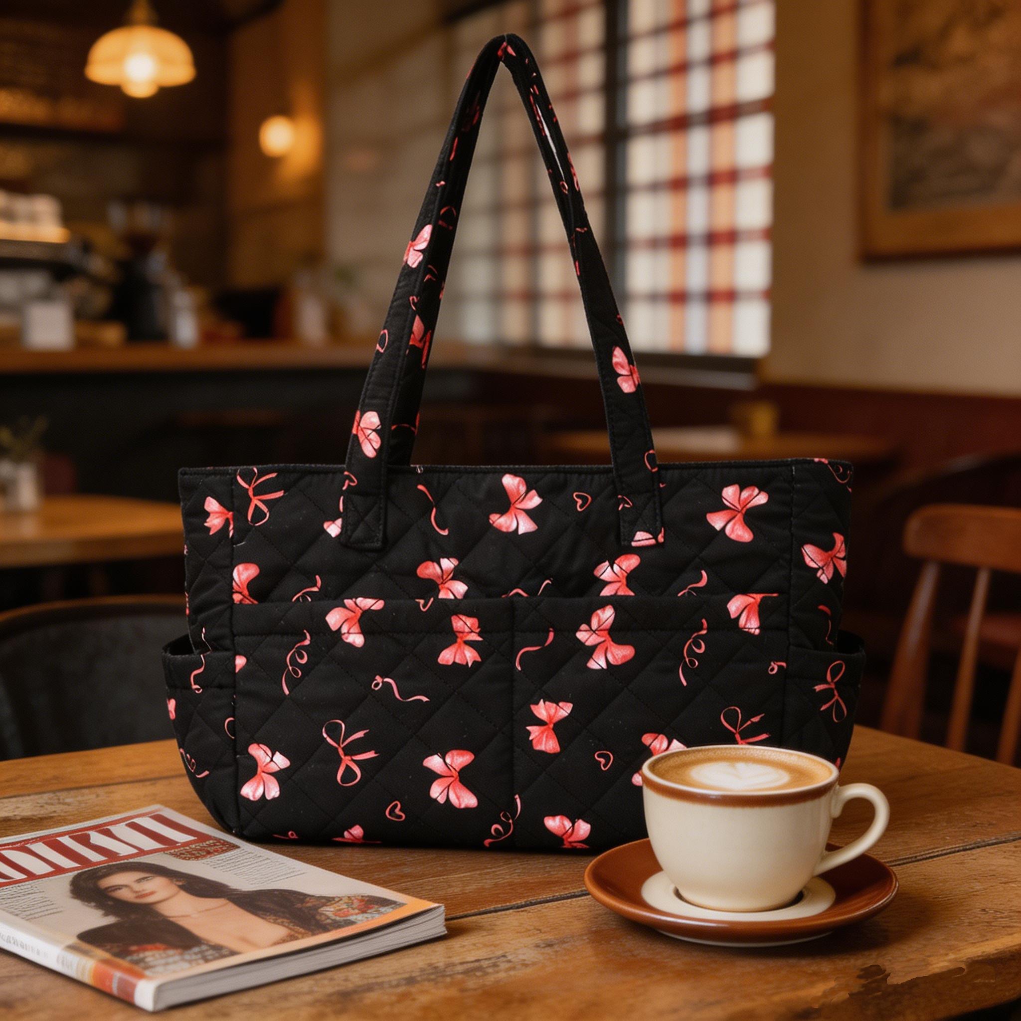 Women's Coquette Quilted Tote Bag Large Capacity Bow Print Shoulder Bag, Cute Multi-Pocket Aesthetic Handbag for Women Teen Girls, Pink Black Casual Tote for School Work Daily Travel Shopping, Perfect Gift for Her toad purse