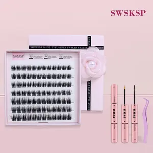 SWSKSP C-shaped Curling Single Clump Eyelash Set 12-16mm Waterproof Fluffy DIY Extension Kit with Tweezers Adhesive Remove for Natural Voluminous Look