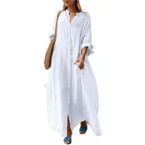 Women's Oversized Cotton Linen Long Sleeve Button Down Long Shirt Dress Casual Kaftan Maxi Dress with Pockets