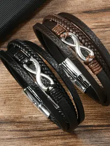2026 Two-Tone Leather Bangle Set, Multi-Layer Braided Design, Silver Color Infinity Pendant, Magnetic Clasp, Boho Style Jewelry