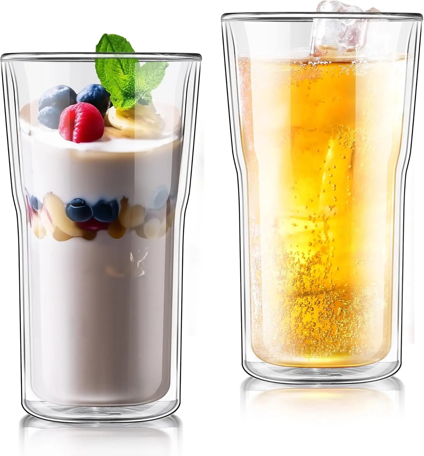 Glass Double Walled  Drinking Glasses Tumbler 16 oz, Double Layer Tall Borosilicate Insulated Water  Glass Cups, Double Lined Thermo  Coffee Hot Beverage Glassware, Set of 2