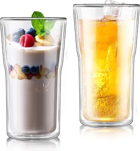 Glass Double Walled  Drinking Glasses Tumbler 16 oz, Double Layer Tall Borosilicate Insulated Water  Glass Cups, Double Lined Thermo  Coffee Hot Beverage Glassware, Set of 2