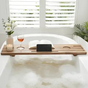 Wooden Bathtub Tray with Expandable Design, Adjustable Fit, Bathtub Caddy Tray Table, Bathtub Accessories Holders for Bathtub Honey Brown