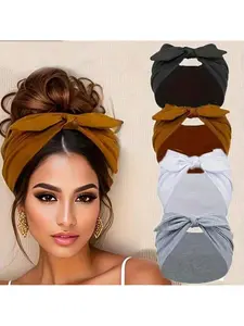 4-Pack Wide Rabbit Ear Elastic Headbands for Women, Hair Bows Headbands, Cute Bow Knot Ribbon Hair Accessories, Soft Non-Slip Stretch Sports Yoga Headband