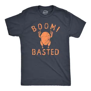 Mens Boom Basted T Shirt Funny Thanksgiving Roasted Turkey Dinner Tee for Guys Mens Funny T Shirts Cool Vintage Fashion T-Shirt Gift Classic Menswear Thanksgiving Apparel for Men Funny Food Short Sleeve Novelty Navy -