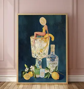 Lemon Vodka Seltzer Art Print, Refreshing Cocktail Wall Poster For Bar Cart & Kitchen Decor (No Frame)