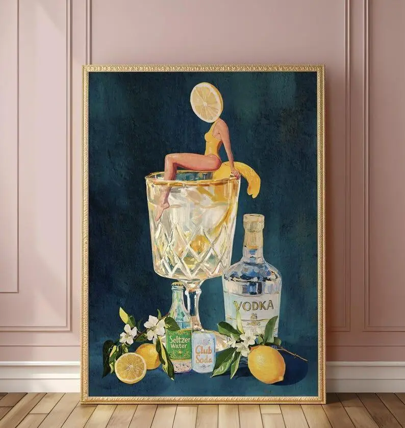 Lemon Vodka Seltzer Art Print, Refreshing Cocktail Wall Poster For Bar Cart & Kitchen Decor (No Frame)