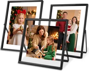 Black Floating Picture Frames - Set of 3, for Photo Size 4×4, 4×6, 5×7, Vertical Tabletop Display, Double Glass Metal Frame for Wedding, Home or Office Desk Decoration