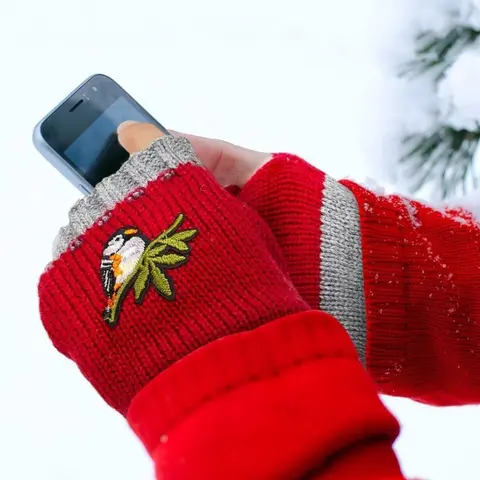Cute Bird Embroidery Design Fingerless Gloves, Casual Warm Knitted Gloves for Fall & Winter, Fashion Accessories for Women & Girls, Gloves for Cold Weather