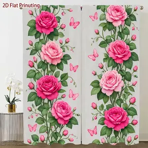 Rose Butterfly Print Curtains Set, Fashionable Rod Pocket Window Drapes for Bedroom & Living Room, Comfortable Atmosphere, Easy Installation, Home Decoration Curtain