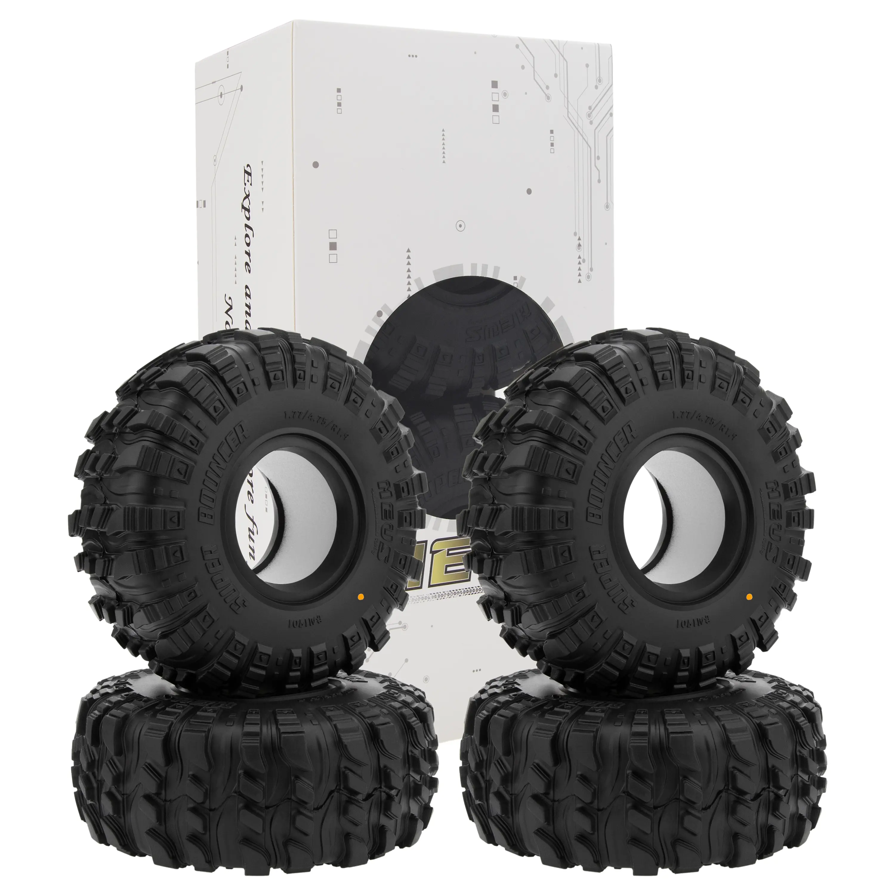 MEUS RACING 1.9 Beadlock Rubber Tires - MS6 Super Bouncer RC Crawling Tires with All-Seasons Grip, Mud+Rock Bite, Wet/Dry Traction, Excellent Terrain Traction, 1.77/4.75/R1.9, for Axial SCX10 Pro, SCX10, TRX4 1/10 RC Crawler Cars, #M1901