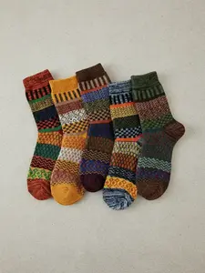 Men's 5 Pairs Vintage Warm Ethnic Pattern Crew Socks, Casual Soft Comfortable Breathable Mid-calf Socks For Daily Wear, Men's Socks & Hosiery, Breathable Comfy Socks