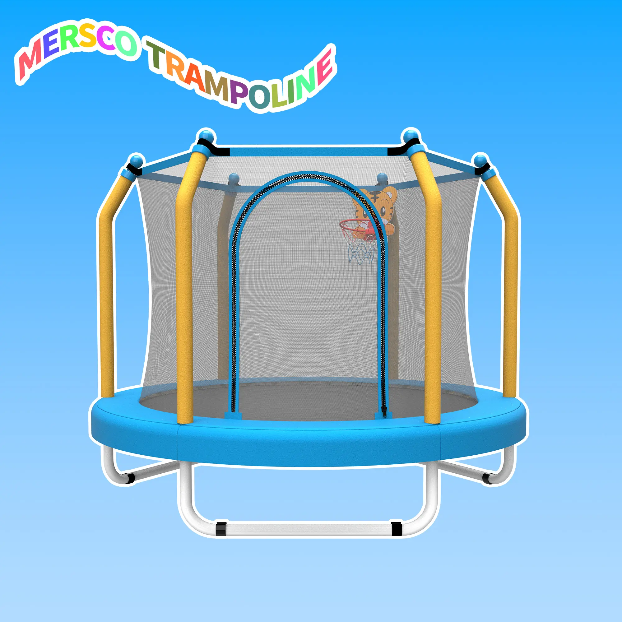 MERSCO 55" Unisex Mini Round Reinforced Thickened Sports Trampoline Set for Toddlers - Basketball Hoop, Safety Net Enclosure, Durable Steel Frame, for Small Spaces Indoor & Outdoor Use, Yellow & Blue