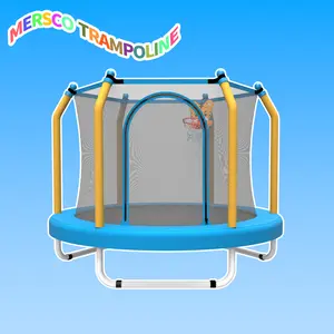 MERSCO Mini Round Trampoline for Kids 55" with Basketball Hoop Safety Enclosure Net Durable Steel Frame Indoor Outdoor Use Yellow & Blue