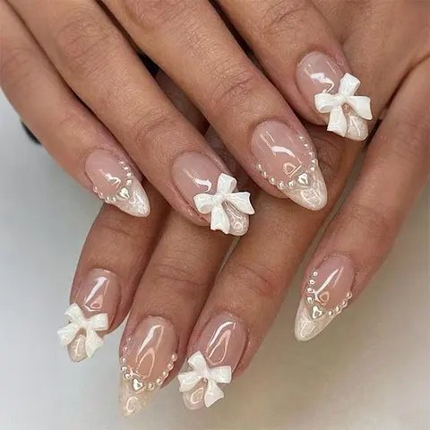24pcs Almond-shaped Bowknot Pearl Fake Nails, Cute Pearl French Heart Design, Removable Jelly Glue Included, Glossy Medium Length Manicure, Rhinestone Bow Decorated Nails