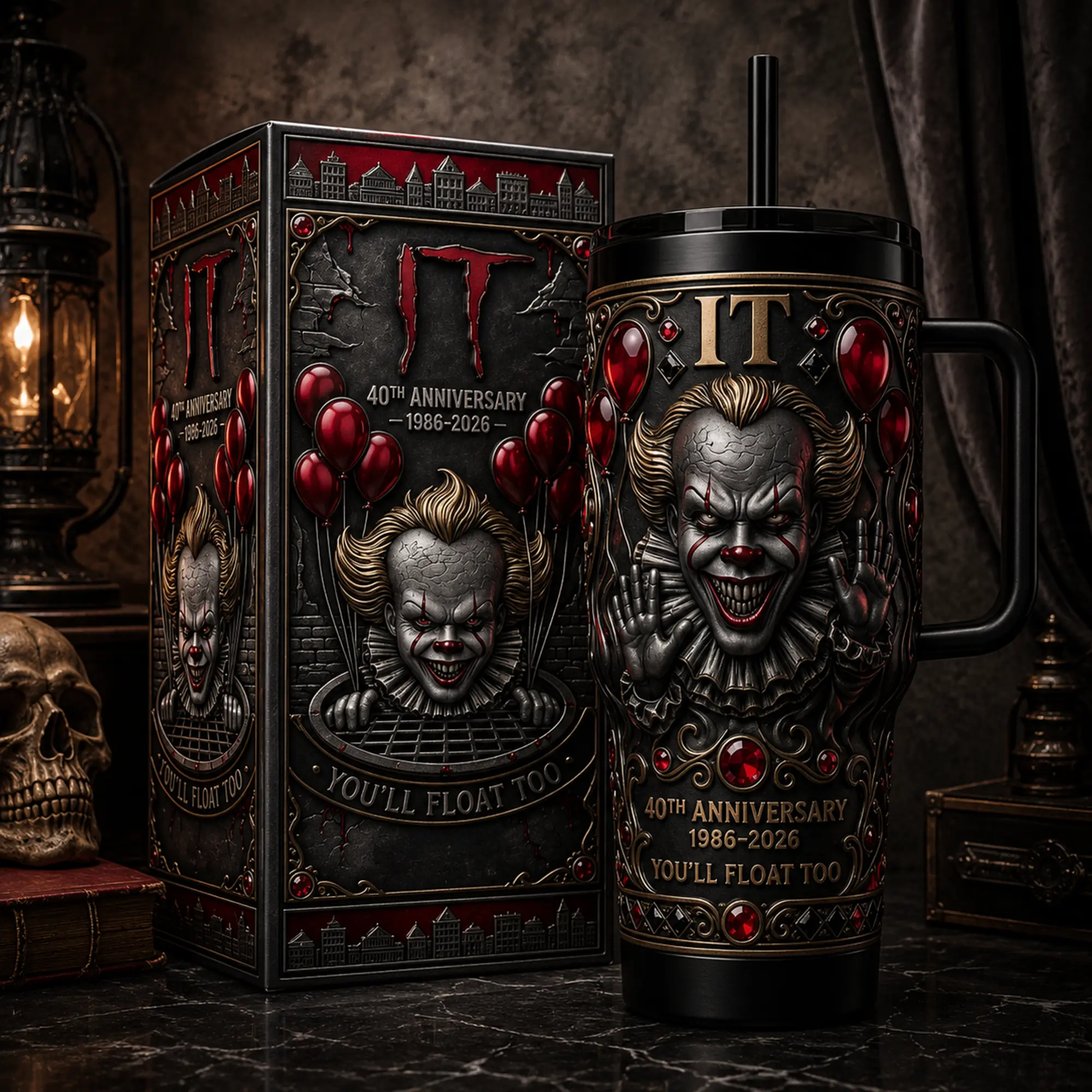 Pennywise IT 40oz Tumbler With Handle, Horror Movie Vacuum Insulated Stainless Steel Travel Mug Collector Gift, Halloween Theme Tumbler