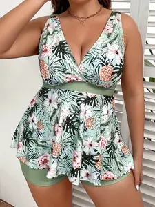 Women's Vacay Tankini Set, Plus Size Tropical Print Neck Top & Boxer Short Bottom Swimsuit 2 Piece Set
