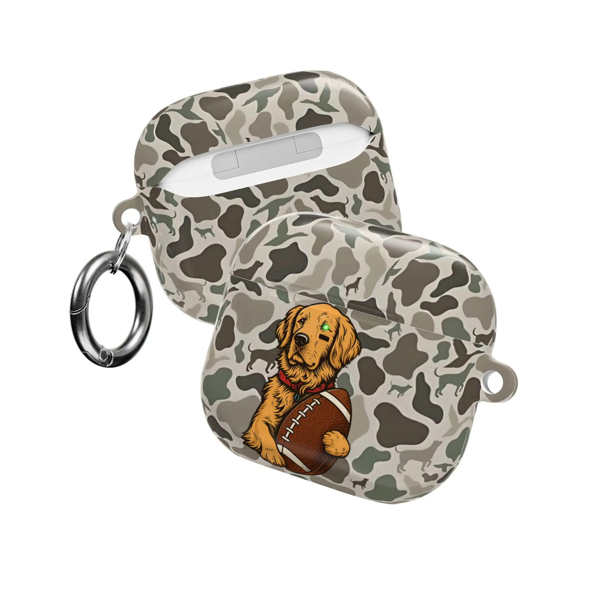 Golden Retriever Football Camo AirPods Case with Keychain, Protective Shockproof Earbuds Cover for AirPods 1, AirPods 2, AirPods 3, AirPods 4, AirPods Pro 1, AirPods Pro 2, AirPods Pro 3, Dog Lover Sports Fan Gift for Men Women