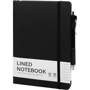 1 Set Lined Notebook Journal with Pen A5 Notebooks 100 GSM College Ruled Hardcover Notebook PU Leather Notepad with Pen Holder for Office School, 5.7 x 8.3 Inches, Black