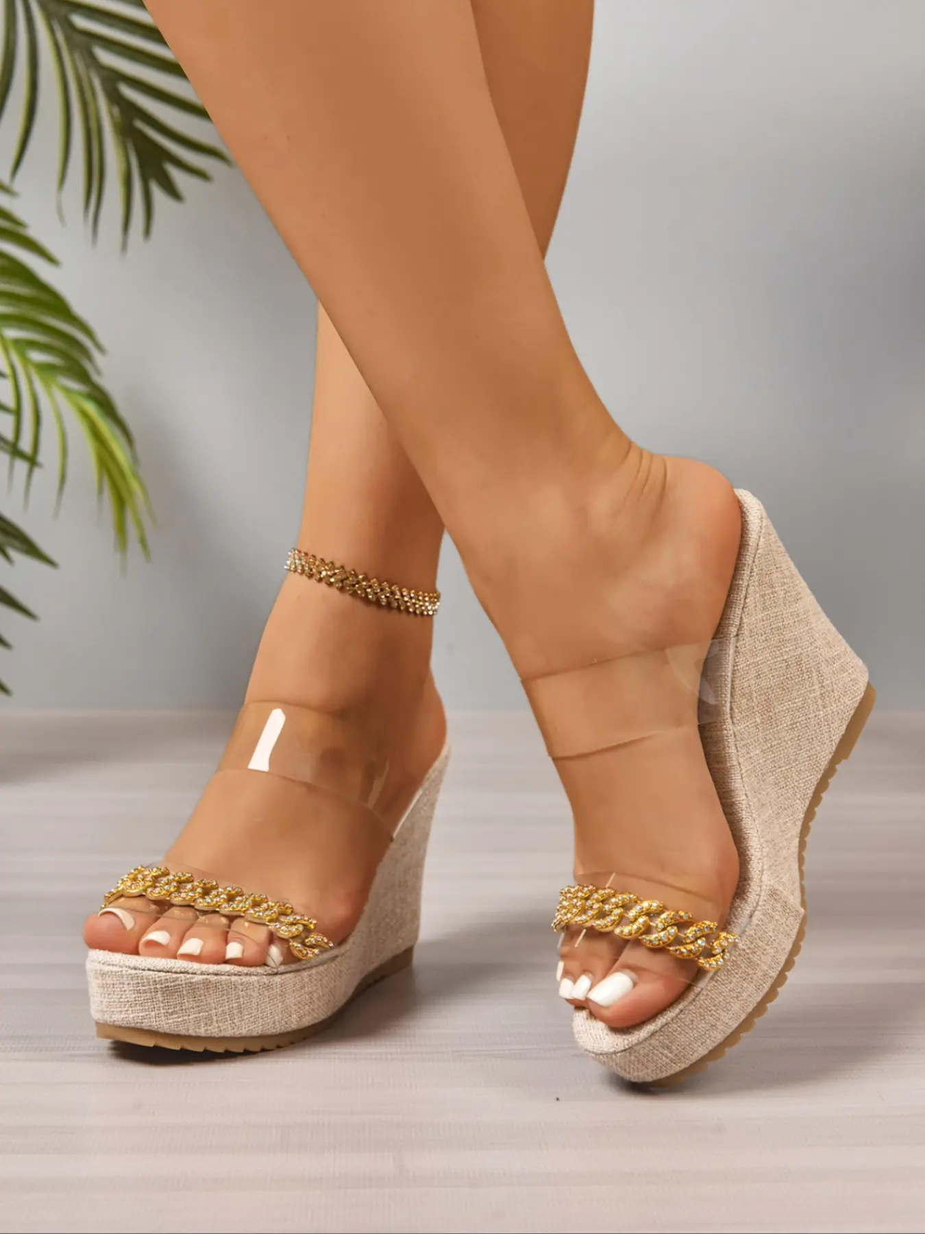 Stylish Boho Style Rhinestone Wedge Women's Sandals, 6cm Heel, Comfortable Thick Sole, Toe-Open Design, Perfect for Beach Walks, Dates, Travel