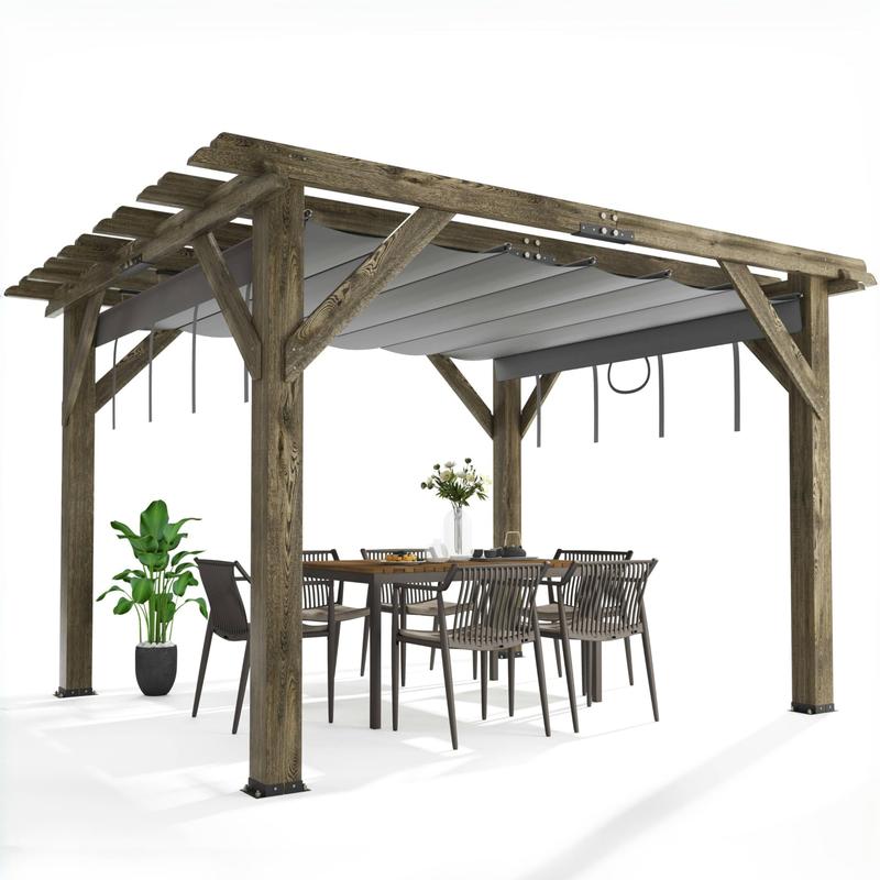 GARVEE 10 X 12 Ft Wood Pergola with Retractable Sunshade Canopy, Solid Structure, Outdoor Pergola for Deck, Garden, Backyard - Charcoal Gray