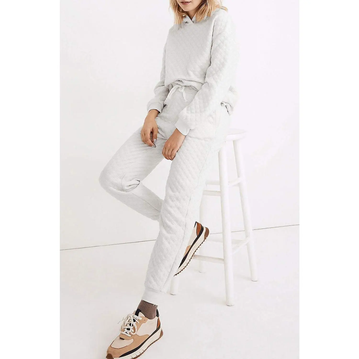 White Quilted Hoodie and Sweatpants Two Piece Set