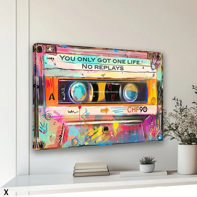 Framed, 1 piece wooden framed canvas wall art, vintage 80s tape art print, featuring the quote "You only have one life," vibrant colorful abstract music poster, ready-to-hang home decor, suitable for living room, bedroom, office, cafe.