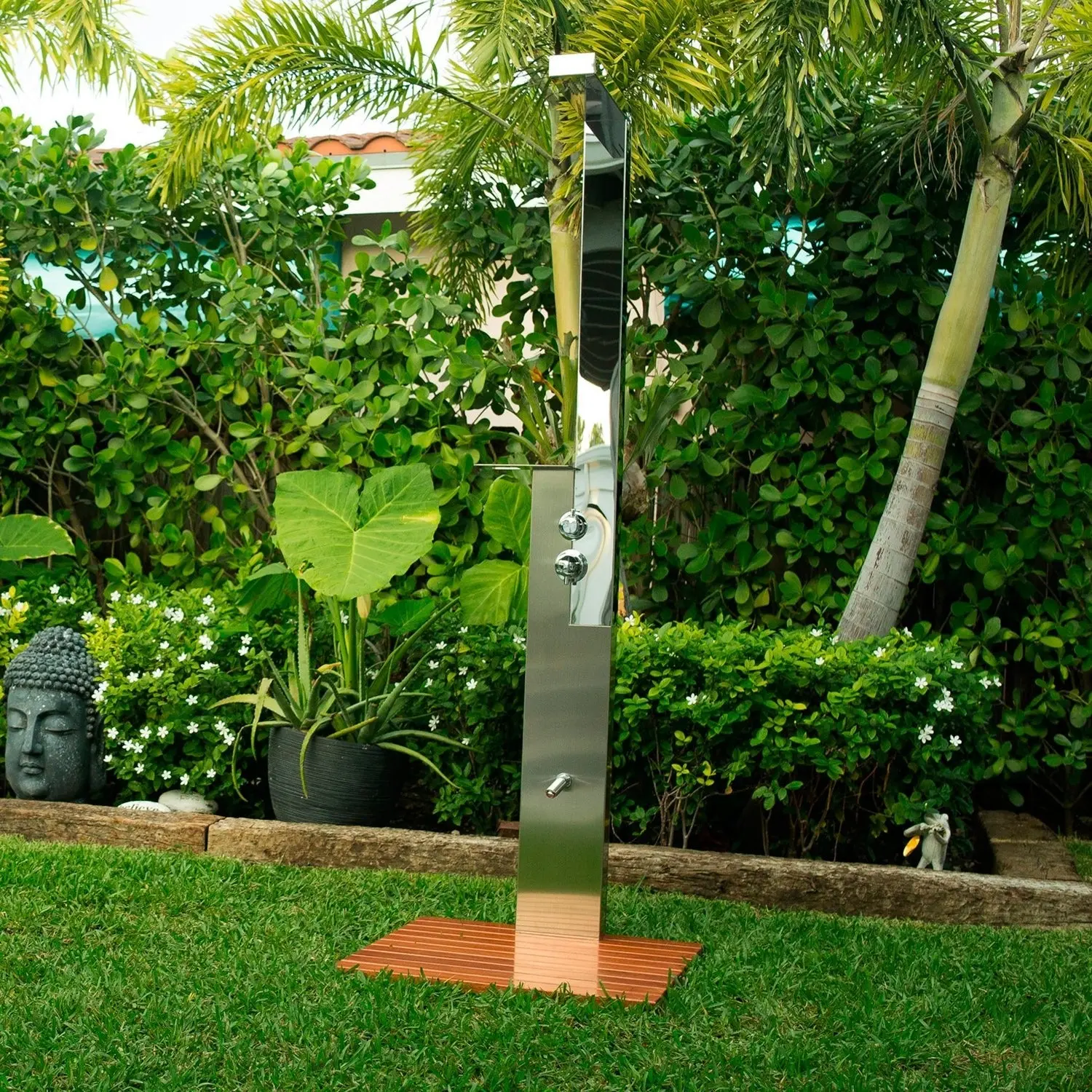 DAX Outdoor Shower, Pool Side, Rainfall Head with Foot Wash and Shelves, Stainless Steel Body, Chrome Finish, 9 x 82-11/16 x 21-5/8 Inches (DAX-S308)