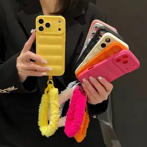 Jacket Furry Lanyard Case for iPhone 17 Series Plush Wrist Strap Winter Cover