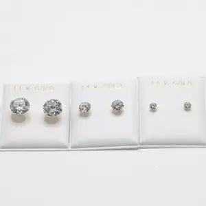 14K Gold Round White CZ Stone Earrings 3 Sizes for Kids and Women