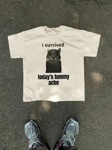 Men's Cartoon Cat & Letter Print Round Neck Tee,  Street Fashion Casual Short Sleeve T-shirt for Daily Wear, Casual Fit Streetwear, Men's Clothes for All Seasons, Casual Street Style