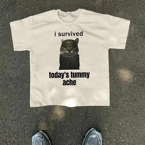 Men's Cartoon Cat & Letter Print Round Neck Tee, Artwork Tee, Street Fashion Casual Short Sleeve T-shirt for Daily Wear, Men's Clothes for All Seasons