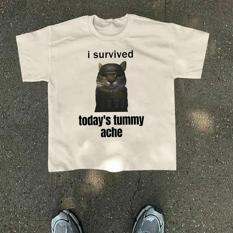 Men's Cartoon Cat & Letter Print Round Neck Tee, Artwork Tee, Street Fashion Casual Short Sleeve T-shirt for Daily Wear, Men's Clothes for All Seasons