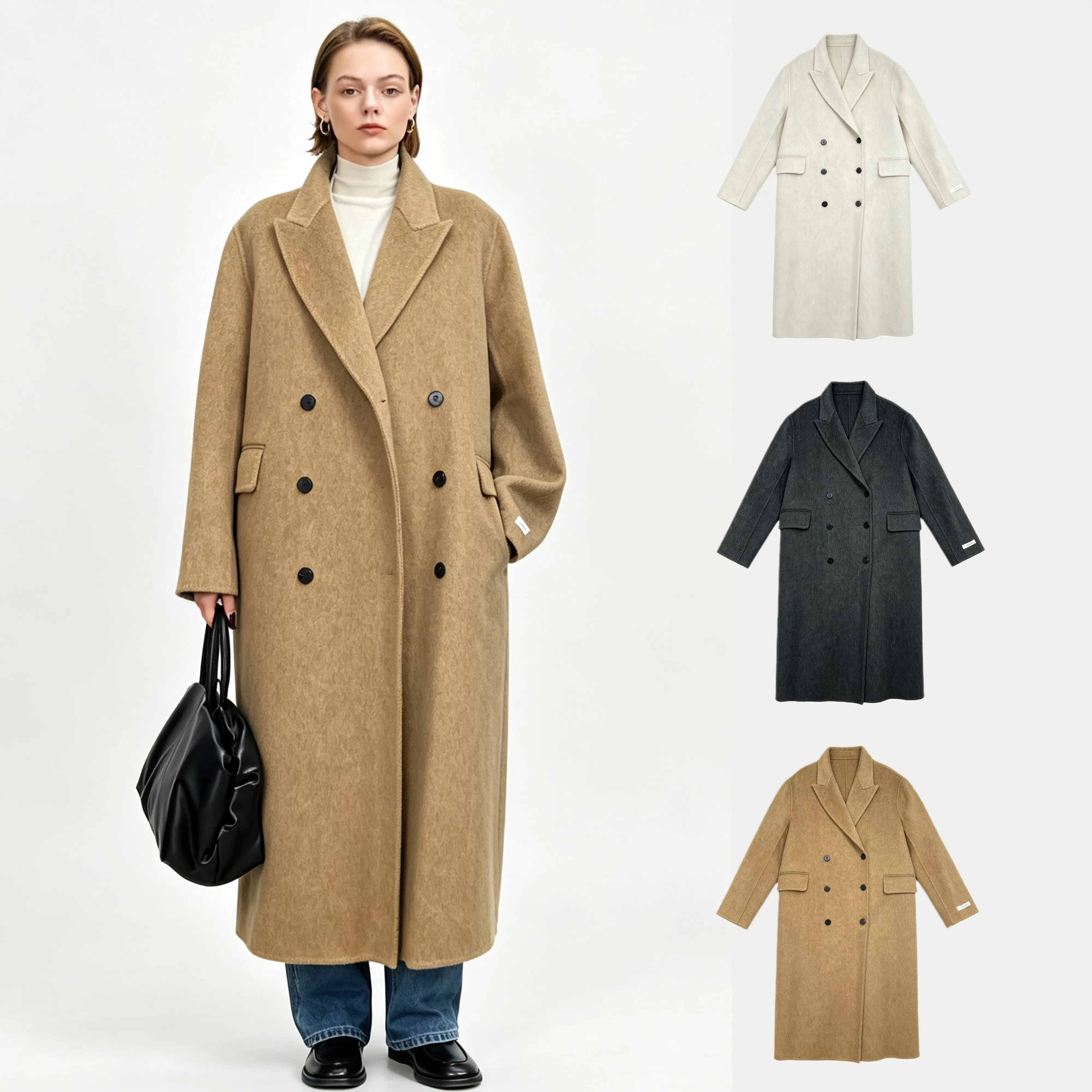 Women's 100% Wool Double-Face Long Basic Overcoat - CC8536, Timeless Minimalist Design, 3 Colors (Jackets & Coats), Tops Casual Fashionable Outerwear Casual Fashionable Jacket