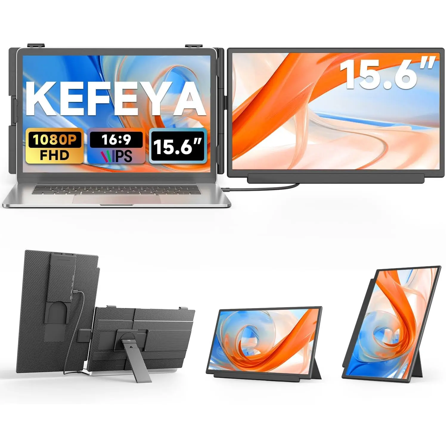 KEFEYA 15.6” FHD 1080P Scratch-Proof Travel Monitor - Detachable Portable Dual Screen Extender for 13-17" Laptops, USB-C/HDMI, Plug-and-Play for Work Remote Workers Dex Mac Android Switch PS5, Built-In Battery