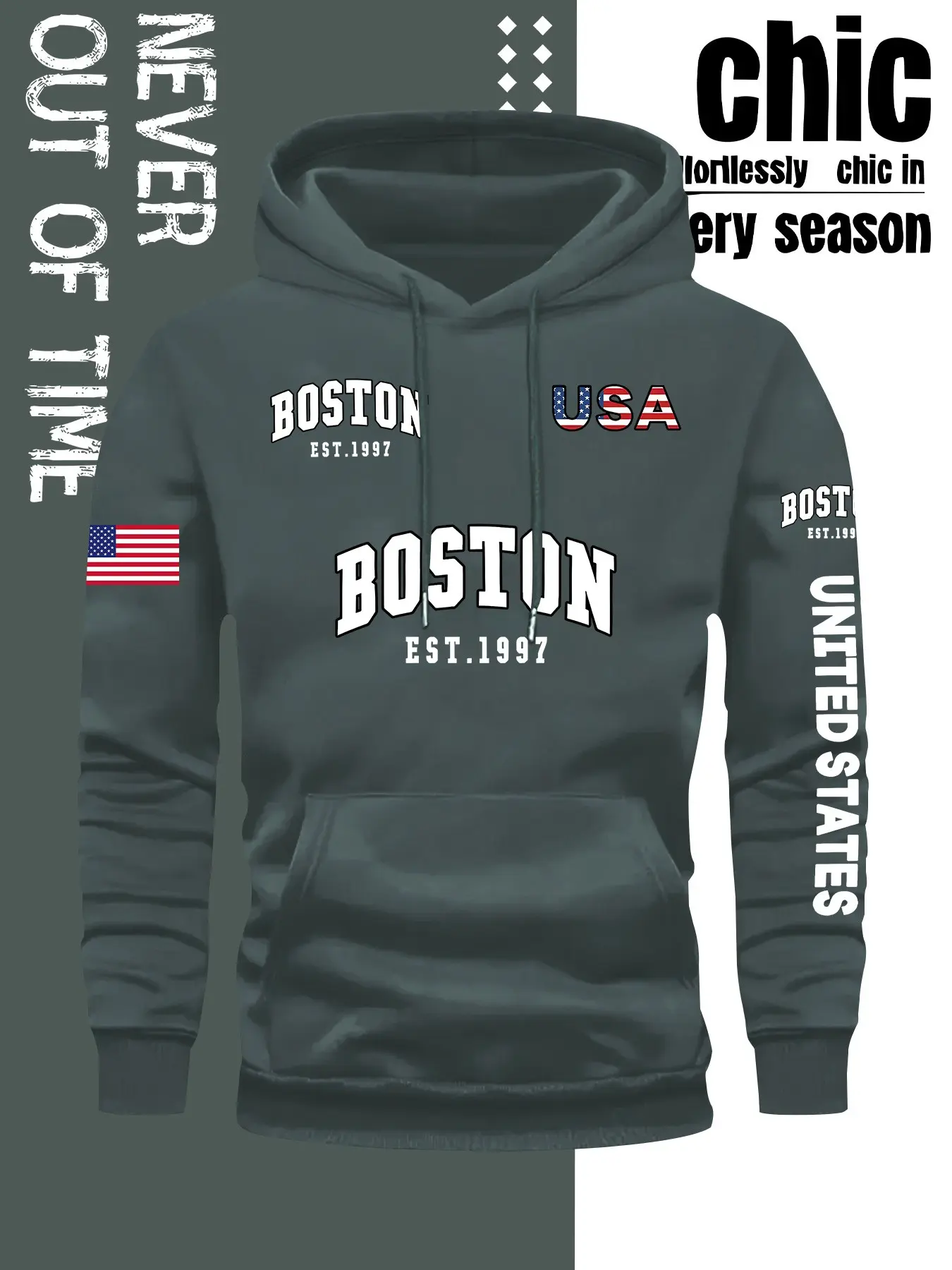 Men's Hooded Sweatshirt, Boston Vintage Print, Street Style, Fall & Winter Casual, Campus Commute, Home Leisure, Comfortable and Stylish, Hot Trending Hoodies, Casual Fashion Sweatshirt
