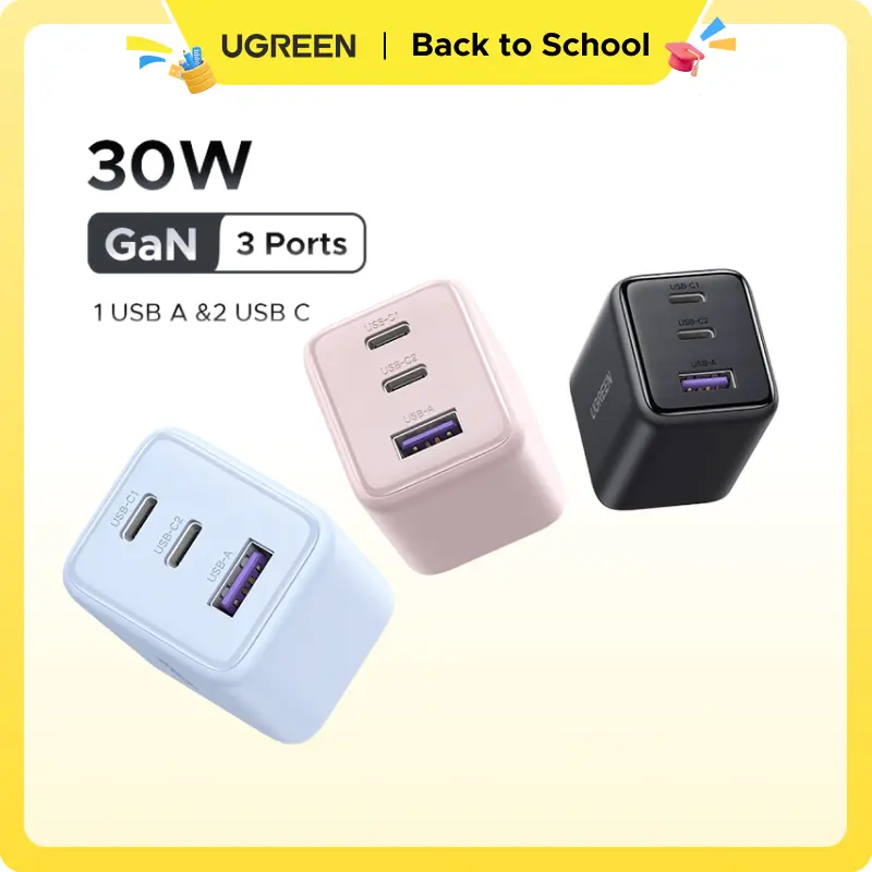 UGREEN 30W 2C1A/20W 1C1A/45W 4CIA GaN PPS Compact Fast Wall Charger Block USB-C Power Adapter for iPhone Galaxy S25/S24/S23 with Free Gift US Plug 2 USB C + 1 USB A,tiktokshopbacktoschool