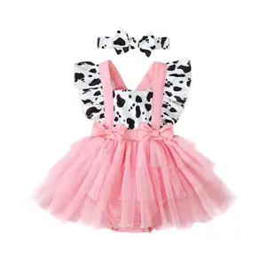 Newborn Baby Girl Pink Cow Print Ruffle Tutu Tulle Romper Dress Princess Birthday Western Cowgirl Summer Outfit