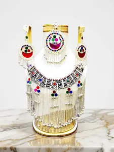Boho Tribal Statement Jewelry Set – Colorful Mirror Pendant Necklace & Dangle Earrings | Handmade Ethnic Fringe Jewelry | Festival Party & Wedding Bohemian Accessories for Women