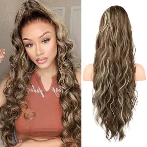 Ponytail Extension, 26 Inch Drawstring Ponytail Hair Extensions for Women, Long Curly Wavy Ponytail Natural Wavy Synthetic Hairpiece for Women (26 Inch Medium Brown Ash Blonde)